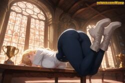 1girl ai_generated ass ass_focus bent_over blonde_hair blue_pants boots breasts button_gap chalice church cleavage cross-laced_footwear denim full_body gina_(solo_leveling) high-waist_pants high_heel_boots high_heels hourglass huge_ass indoors jeans jewelry lace-up_boots large_breasts long_hair looking_at_viewer looking_back lying nivora on_table pants pantylines partially_unbuttoned red_eyes shirt shirt_tucked_in short_sleeves solo solo_leveling stained_glass sunlight table thighs tight_clothes tight_pants top-down_bottom-up white_footwear white_shirt window wooden_table