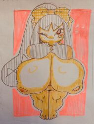 black_hair blush don't_attack_me_mawile female huge_breasts large_breasts long_hair marker_(artwork) mawile pokemon pokemon_(species) red_eyes shioinu_kemushi shortstack solo solo_female solo_focus thick_thighs winking