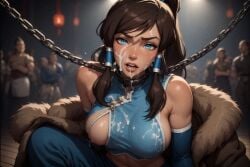 ai_generated blue_eyes blue_shirt brown_hair chains collar crowd crowd_watching cum cum_on_breasts cum_on_face female, fur_coat korra on_knees public tanned_skin the_legend_of_korra