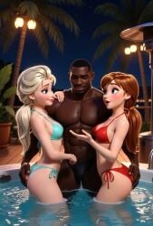 2girls ai_generated ai_voice_acted animated anna_(frozen) bikini blonde_hair dark-skinned_male elsa_(frozen) frozen_(film) interracial light-skinned_female red_hair sound tagme video