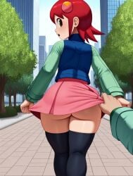absolute_territory ai_generated ass big_ass chasing curvy curvy_body curvy_figure female lifting_shirt looking_at_viewer looking_back male mayl_sakurai mega_man mega_man_battle_network miniskirt pervert pervert_male pov public public_exposure red_hair skirt skirt_lift thick_thighs thighhighs wide_hips