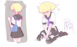 1femboy androgynous anon before_and_after black_legwear black_panties blonde_hair blush bob_cut crossdressing embarrassed femboy femboy_focus lio_fotia midriff miniskirt panties petite petite_body petite_male promare sailor_collar sailor_uniform short_hair slim slim_male slim_waist solo_focus stockings teasing thighhighs twink vibrator