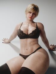 3d 3d_(artwork) 3d_model 40_year_old ass black_bra black_panties blonde blonde-haired_female blonde_female blonde_hair blue_eyes bra breasts female hair light-skinned_female light_skin lips looking_at_viewer mature mature_female mature_woman panties resident_evil resident_evil_9:_requiem sherry_birkin sherry_birkin_(bridgette_haze) sitting solo vexonair white_background youthful youthful_face youthful_features youthful_look
