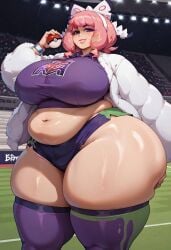 ai ai_art ai_generated bbw belly belly_rolls cameltoe chubby chubby_female civitai coat hair_ornament huge_ass huge_breasts huge_thighs klara_(pokemon) massive_hips midriff nipple_bulge pink_hair pokemon purple_eyes short_shorts skindentation tank_top thick thick_ass thick_legs thick_thighs thighhighs wide_hips