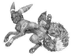 anatomically_correct anatomically_correct_anus anus black_body canine canis eeveelution female feral genitals leg_wraps legwear monochrome pokemon pokemon_(species) simple_background traditional_media_(artwork) umbreon