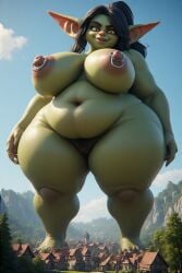 ai_generated barefoot black_hair fantasy female_oc full_body giantess gobbo goblin_female green_skin humongous_thighs micro_village middle_ages mythological_creature nipple_rings nipples nude original_character perchance_ai pointy_ears ponytail portrait pussy shortstack small_belly village yellow_eyes