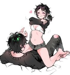 1boy 1girls 2d akngel andrew_graves ashley_graves barefoot black_hair blush bra breasts brother_and_sister clothed feet female imminent_sex incest licking_lips lying_on_back male pink_eyes ponytail siblings sitting sitting_on_lap sitting_on_person spread_legs straddling straight taking_shirt_off the_coffin_of_andy_and_leyley unbuttoned_pants undressing