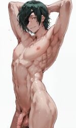 1boy ai_generated aidontknow androgynous arms_behind_head black_hair chainsaw_man eyepatch femboy feminine_male flaccid flat_chest genderswap_(ftm) himeno_(chainsaw_man) looking_at_viewer mature muscular nipples nude otoko_no_ko penis ringed_eyes rule_63 seductive_smile sexy sexy_pose short_hair simple_background standing sweat toned trap voluptuous white_background yaoi