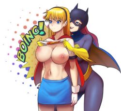 2girls assisted_exposure barbara_gordon batgirl batman_(series) blonde_hair blue_eyes bouncing_breasts cape dc dc_comics exposed_breasts female female_only gloves hairband kara_zor-el kryptonian long_hair miniskirt multiple_girls possible_yuri red_hair shirt_pull shirt_up sound_effects supergirl superman_(series) suprised suprised_look sweatdrop xxangeluciferxx