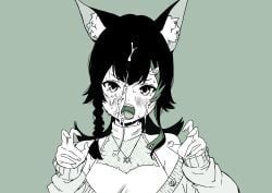 absurdres animal_ear_fluff animal_ears blush breasts cum cum_in_mouth cum_on_clothes cum_on_hair cumdrip double_v facial female hair_ornament hairpin highres hololive hololive_gamers hololive_japan large_breasts long_hair looking_at_viewer ookami_mio ookami_mio_(5th_costume) open_mouth senaka_(kamemusikiller0723) smile solo v virtual_youtuber wolf_ears wolf_girl