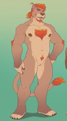 andromorph anthro athletic_male cuntboy felid feline genitals hair hi_res humanoid humanoid_genitalia intersex kousen lion mammal nipple_piercing nipples pantherine piercing ponytail pubes pussy silvio_(kousenzephyr) solo tail