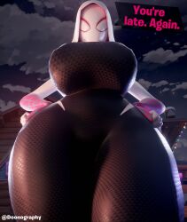 1girls 3d dialogue doonography female female_only fortnite fortnite:_battle_royale fully_clothed giantess gwen_stacy huge_breasts larger_female looking_down marvel solo spider-gwen spider-gwen_(fortnite) spider-man_(series) thick_thighs tiny_male