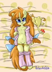 1girls anibaruthecat anthro biting_lip blue_eyes breasts cub equine female furry hasbro my_little_pony my_little_pony_friendship_is_magic orange_hair panty_pull presenting pumpkin_cake_(mlp) pussy smooth_skin solo tagme unicorn young