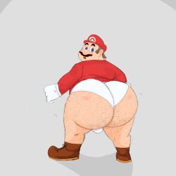 1boy animehikaridesu ball_bulge bhm big_ass big_butt blue_eyes blush briefs brown_hair bulge hairy hairy_ass hairy_butt huge_ass huge_butt male_only mario mario_(series) mustaches nintendo solo_male turned_around turning_around turning_head