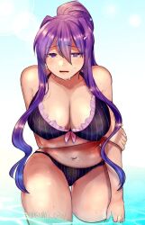 1girls bare_shoulders big_breasts bikini bikini_bottom bikini_top breasts cleavage doki_doki_literature_club female healed_scars long_hair purple_eyes purple_hair scar scars scars_on_arm wet yuri_(doki_doki_literature_club) ひお太_(artist)