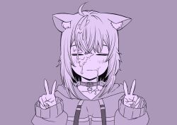 :3 absurdres animal_ear_fluff animal_ears belt_collar blush breasts cat_ears cat_girl closed_eyes collar cum cum_on_body cum_on_hair cumdrip double_v facial female highres hololive hololive_gamers hololive_japan hood hoodie large_breasts medium_hair nekomata_okayu nekomata_okayu_(1st_costume) senaka_(kamemusikiller0723) smile solo v virtual_youtuber