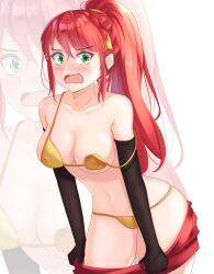 1girls arm_gloves blush bra circlet embarrassed eyebrows_visible_through_hair female_only gloves green_eyes high_ponytail itssoyisus long_hair looking_at_viewer open_mouth panties ponytail pov pov_male pyrrha_nikos red_hair rooster_teeth rwby shiny_hair shiny_skin sidelocks skirt skirt_down solo solo_female undressing yellow_underwear