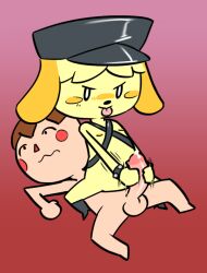 animal_crossing blep bracelet brown_hair handjob hat isabelle_(animal_crossing) motion_blur motion_lines nintendo nipples obscurabuns penis precum spiked_bracelet tongue tongue_out villager_(animal_crossing) yellow_fur