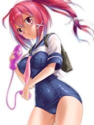 backpack bag blue_one-piece_swimsuit blue_sailor_collar breasts cameltoe clothes_lift covered_navel cowboy_shot dildo female hair_ribbon highres holding i-168_(kantai_collection) kantai_collection long_hair medium_breasts neckerchief one-piece_swimsuit pink_neckerchief ponytail red_eyes red_hair ribbon sailor_collar sailor_shirt school_swimsuit school_uniform serafuku sex_toy shirt shirt_lift simple_background solo swimsuit swimsuit_under_clothes vibrator white_background white_shirt yokareto_omotte