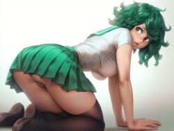 1girls ai_generated all_fours clothing female female_deku freckles full_body genderswap genderswap_(mtf) gradient_background green_eyes green_hair green_skirt izuku_midoriya krystalizedart leggings legs_together looking_back medium_breasts midriff_peek miniskirt my_hero_academia on_all_fours on_knees panties pantyshot parted_lips rule_63 serafuku shoes short_sleeves simple_background skirt solo summer_uniform thighhighs white_background white_shirt