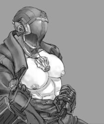 bare_chest big_pecs bondrewd helmet inverted_nipples itiharasan looking_down made_in_abyss male male_only mask masked masked_male monochrome muscular muscular_male open_jacket open_shirt pecs puffy_nipples solo upper_body whistle_around_neck