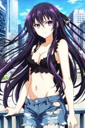 1girls ai_generated big_breasts busty cleavage date_a_live denim denim_jeans female female_only hi_res jeans large_breasts legs long_hair looking_at_viewer midriff navel pants purple_eyes purple_hair solo tank_top thighs torn_clothes torn_pants yatogami_tohka