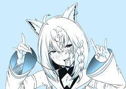 absurdres animal_ears blush cum cum_in_mouth cum_on_fingers cum_on_hair cum_on_tongue cumdrip facial female fox_ears fox_girl highres hololive hololive_gamers hololive_gen_1 hololive_japan long_hair looking_at_viewer open_mouth senaka_(kamemusikiller0723) shirakami_fubuki shirakami_fubuki_(1st_costume) smile solo tongue tongue_out virtual_youtuber