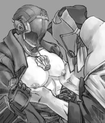 2boys bare_chest big_pecs bondrewd gay gueira helmet holding_pecs inverted_nipples itiharasan made_in_abyss male male_only mask masked masked_male monochrome muscular muscular_male open_jacket open_shirt pec_grasp pecs puffy_nipples upper_body whistle_around_neck yaoi