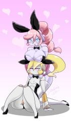 <3_eyes 2022 4k 9:16 absurd_res areola ass big_breasts big_butt blonde_hair blue_eyes blush blush_lines boob_hat breasts bunny_costume cleavage clothed clothing costume duo fake_ears fake_rabbit_ears female genitals grey_body hair heart hi_res huge_breasts humanoid kneeling machine nipples open_mouth pink_eyes pink_hair pivot pivot_(zedrin) pussy pv-02_pivot robot robot_humanoid shadow signature smile socket_(zedrin) text thick_thighs zedrin