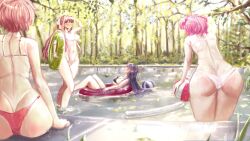 4girls ass back back_view ball beach_ball behind_view breasts cleavage doki_doki_literature_club female female_only green_eyes hair_in_water innertube long_hair monika_(doki_doki_literature_club) multiple_girls natsuki_(doki_doki_literature_club) natsuwatch_(artist) pink_hair plant plants purple_eyes purple_hair sayori_(doki_doki_literature_club) strawberry_blonde_hair swimming_pool tree trees vegetation water yuri_(doki_doki_literature_club)