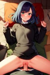 1girls ai_generated blue_hair bottomless hoshino_aquamarine kurokawa_akane lying missionary oshi_no_ko partially_clothed penetration penis pixai sex straight