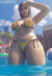 asian aviator_glasses beach belly big_ass big_butt blurry_background charlotte_(fortnite) chubby chubby_female covering_face evie_(fortnite) fortnite fortnite:_save_the_world huge_breasts machinist_mina nipple_bulge ocean red-tinted_eyewear sunglasses superhentaimaster9000 thick_thighs tinted_eyewear visible_nipples yellow_bikini