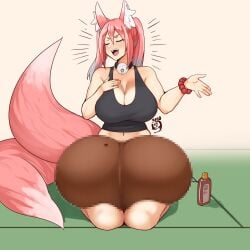 1:1 animal_humanoid balls big_balls big_breasts blue_hair blush bra breasts canid canid_humanoid canine canine_humanoid censored cleavage closed_eyes clothed clothing fangs fox_humanoid gaikiken genitals gradient_hair gynomorph hair hi_res huge_balls humanoid hyper hyper_balls hyper_genitalia intersex kneeling long_hair mammal mammal_humanoid mosaic_censorship multicolored_hair open_mouth pink_hair seiza sitting smile solo sports_bra suzuya_(gaikiken) teeth twintails_(hairstyle) underwear