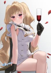 1girls black_gloves blonde_hair crossed_legs eitri_(fire_emblem) eyebrows_visible_through_hair female female_only fire_emblem fire_emblem_heroes fourtwelve gloves holding_object light-skinned_female light_skin long_hair medium_breasts nintendo purple_eyes solo thighs very_long_hair wine