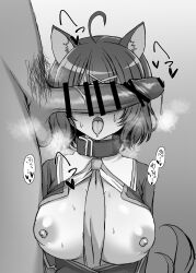 1boy absurdres ahoge amairo_islenauts animal_collar animal_ear_fluff animal_ears aroused bar_censor between_breasts blush breasts breasts_out censored cock_hungry collar commentary_request erection female grey_background hair_between_eyes hair_ornament heart heavy_breathing highres large_breasts masaki_gaillard medium_hair monochrome necktie necktie_between_breasts nipples penis penis_on_face penis_over_eyes pubic_hair ryochapu school_uniform solo_focus speech_bubble straight sweat tongue tongue_out upper_body wolf_ears wolf_girl x_hair_ornament