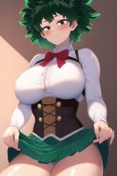 1girls ai_generated blush bowtie corset female female_deku female_only gender_transformation genderswap_(mtf) green_hair izuku_midoriya large_breasts long_sleeves my_hero_academia nai_diffusion rubycks rule_63 short_hair shounen_jump skirt skirt_lift smile solo tagme teasing toned_female white_shirt