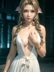 aerith_gainsborough ai_generated boylurker breasts brown_hair cleavage final_fantasy final_fantasy_vii final_fantasy_vii_remake green_eyes looking_at_viewer neolurker