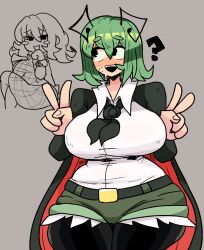 2girls antenna big_breasts borrowed_design bug_girl clothed_female curvy cute female female_only fuckable green_hair grey_background notnoe_(dxcl) peace_sign question_mark shorts smug sweat thick_thighs touhou wriggle_nightbug yuka_kazami