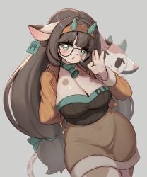 1girls :o anthro arm_behind_back blush bovid bovine brown_hair cleavage clothing cow_ears cow_horns cow_print cowbell ear_tag eyelashes fanart female female_only glasses green_eyes grey_background hairband hi_res long_hair looking_at_viewer narrowed_eyes original original_character solo thick_thighs whooo-ya