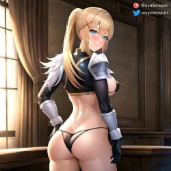 1girls ai_generated bangs big_ass big_breasts black_panties black_underwear blonde_hair blue_eyes breasts darkness_(konosuba) female female_only indoors kono_subarashii_sekai_ni_shukufuku_wo! looking_at_viewer looking_back osyasenpai panties ponytail solo solo_female stable_diffusion underwear