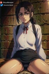 1girls ai_generated attack_on_titan black_panties brown_eyes brown_hair female female_only gabi_braun indoors looking_at_viewer osyasenpai panties small_breasts solo solo_female spread_legs stable_diffusion underwear