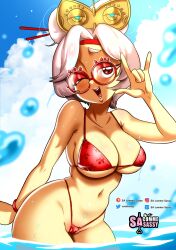 1girls \m/ beach bikini blush bracelet breasts female female_only glasses hi_res in_water looking_at_viewer nintendo one_eye_closed open_mouth open_smile partially_submerged peace_sign purah purah_(tears_of_the_kingdom) red_eyes round_glasses sasatseng sea short_hair smile solo solo_female tears_of_the_kingdom the_legend_of_zelda white_hair wink winking_at_viewer