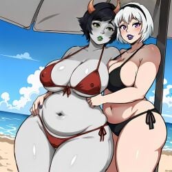 2girls ai_generated beach belly bikini black_bikini black_hair black_hairband breasts chubby clouds couple curvy female female_only gardener_ai hairband hand_on_hip homestuck hug hugging kanaya_maryam large_breasts lesbian lips lipstick midriff navel red_bikini rose_lalonde sand sea seaside short_hair side-tie_bikini skimpy sky stable_diffusion standing string_bikini thick thick_thighs umbrella white_hair wide_hips yuri