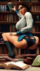 3d ass athletic athletic_female bare_legs big_breasts bioshock bioshock_infinite blue_eyes book books bookshelf breasts brown_hair bubble_butt busty elizabeth_comstock female female_focus female_only full_body glasses hbnoob hourglass_figure librarian library long_hair looking_at_viewer looking_back panties pinup pinup_pose provocative rear_view seductive seductive_look shirt sideboob squatting tagme upskirt wide_hips