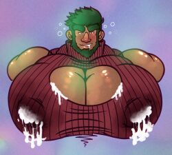 1boy astroeroticum bara beard big_breasts big_eyebrows big_pecs breastmilk breasts buck_(astroeroticum) bushy_eyebrows cleavage cleavage_cutout cleavage_window drooling facial_hair gay green_hair huge_pecs lactation leaking_breasts leaking_milk leaking_pecs leaking_through_clothing male_lactation male_only milk milk_leaking milk_stain pecs solo_male stained_clothing sweater turtleneck turtleneck_sweater wide_shoulders