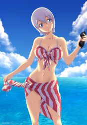 1girls bare_thighs belly_button bikini bikini_top blue_eyes breasts cleavage clothed clothing fairy_tail female female_focus female_only fully_clothed head_tilt hi_res high_resolution highres light-skinned_female light_skin lisanna_strauss looking_at_viewer ocean pale-skinned_female pale_skin perky_breasts pinup pose posing red_bikini short_hair skirt smile smiling smiling_at_viewer solo solo_female solo_focus standing stayaliveplz striped_bikini striped_swimsuit sweat sweatdrop sweating swimsuit tomboy toned toned_female wet wet_clothes wet_skin white_hair wide_hips