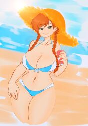 1girls beach big_breasts bikini braids flawsy green_eyes orange_hair original original_character questionable soda_can