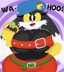 3barts anthro big_breasts blue_hat breasts cleavage female green_belt klonoa klonoa_(series) long_ears rule_63 solo text thick_thighs yellow_eyes yellow_gloves