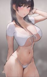 1girls bangs black_hair blush busty eyebrows_visible_through_hair grey_background hand_in_hair inushima knot large_breasts long_hair looking_at_viewer mole_under_mouth navel original parted_lips purple_eyes slim_waist sweat thighs white_panties white_topwear