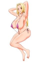 1girls alternate_version_available areola_slip areolae armpits big_breasts blonde_hair breasts brown_eyes cleavage female female_only forehead_jewel full_body hair hands_behind_head huge_breasts legs lips mature mature_female mature_woman milf naruto naruto_(series) nipples nipples_visible_through_clothing purple_sling_bikini rarurera skimpy skimpy_bikini sling_bikini smile solo solo_female swimwear thighs translucent_clothing tsunade